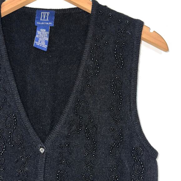 Vintage Ivy Collectibles Lambswool Angora Beaded Black Sweater Vest Size M - Picture 4 of 9